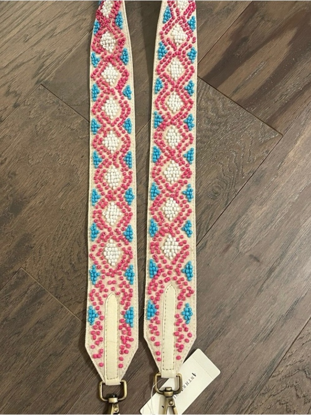 Anthropologie Pink and blue beaded white bag strap